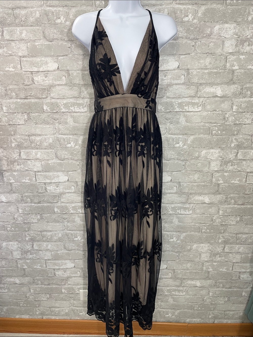DOKOTOO Plunging V-Neck Black Floral Lace Overlay Maxi Dress in Taupe Lining